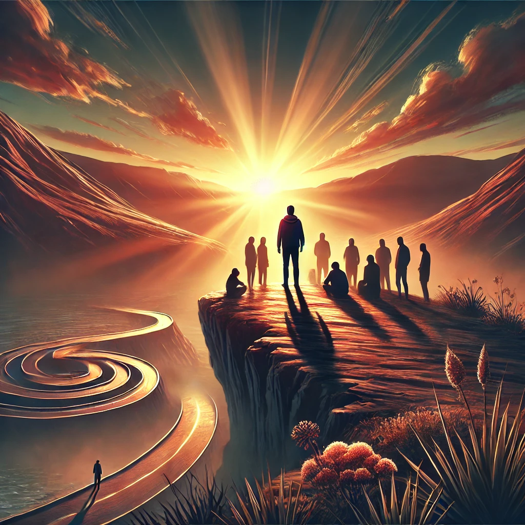 A lone man reflecting on a cliff at sunrise, symbolizing new beginnings in sobriety. A path leads to a group of people in deep conversation, representing authentic connection and community in recovery.