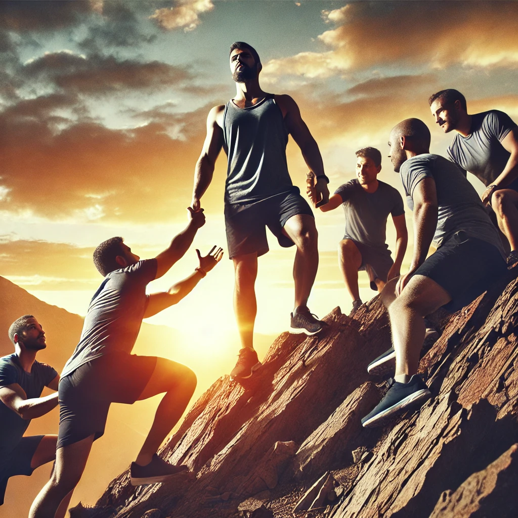 A group of athletic men helping each other climb a rugged mountain trail at sunrise, symbolizing teamwork, support, and recovery.